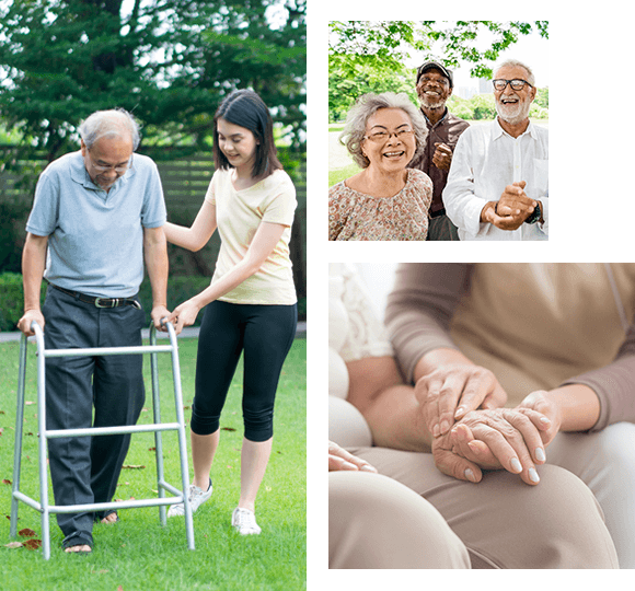 Adulto mayor recibiendo apoyo profesional en caminata, grupo de adultos mayores felices y manos entrelazadas como símbolo de cuidado emocional en centro geriátrico Fuente de Amor del Grupo Calma